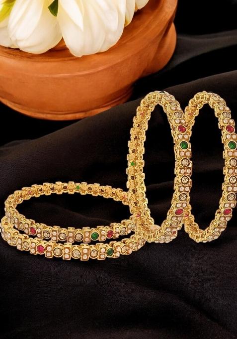 Set Of 4 Gold Plated Multi Colour Beaded Bangle Set 