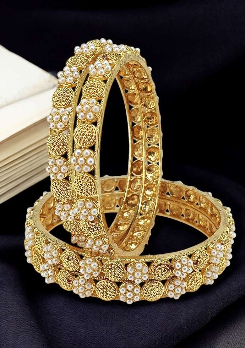 Set Of 4 Gold Plated White Beads Embellished Bangle Set - Indya