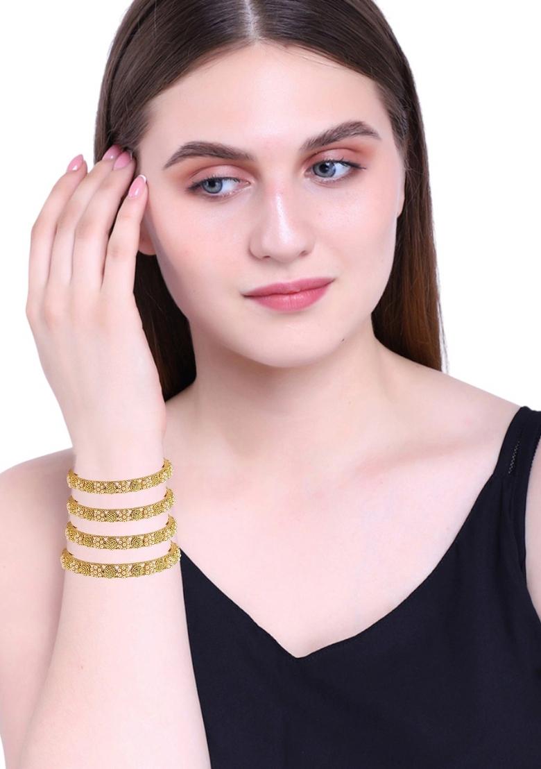 Set Of 4 Gold Plated White Beads Embellished Bangle Set