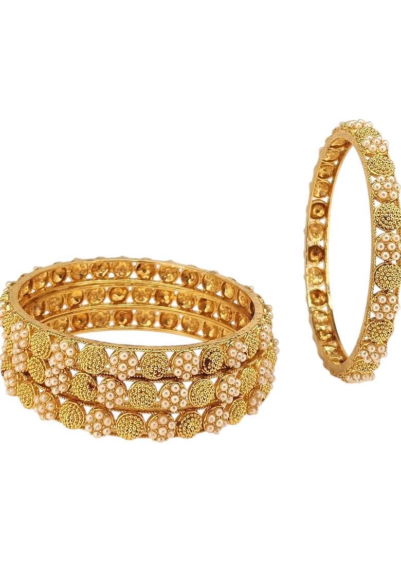Set Of 4 Gold Plated White Beads Embellished Bangle Set - Indya