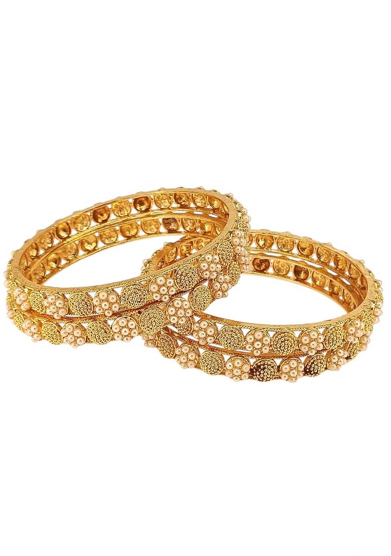 Set Of 4 Gold Plated White Beads Embellished Bangle Set