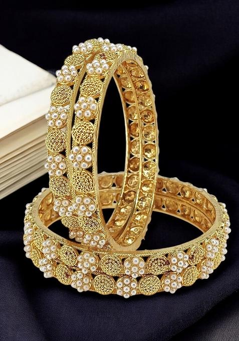 Set Of 4 Gold Plated White Beads Embellished Bangle Set