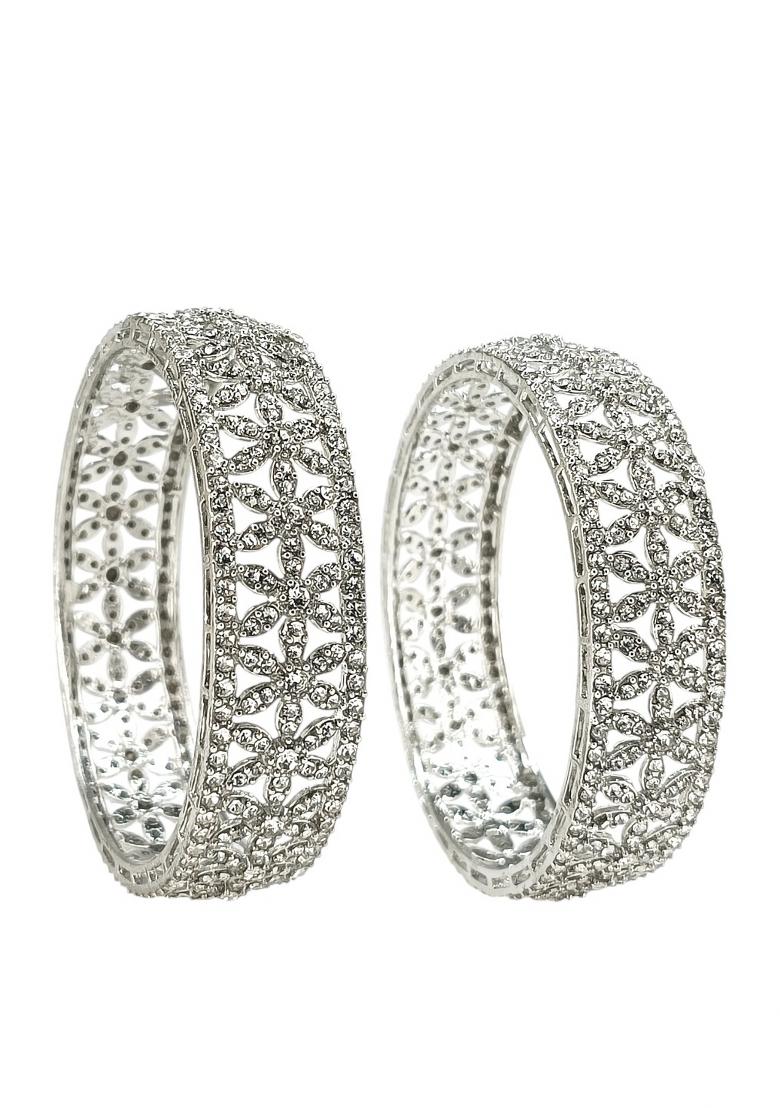 Set Of 2 Silver Plated Cubic Zircon Broad Bangle Set 
