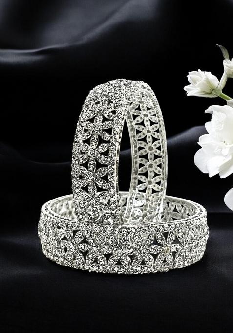 Set Of 2 Silver Plated Cubic Zircon Broad Bangle Set 