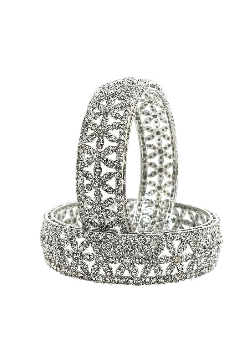 Set Of 2 Silver Plated Cubic Zircon Broad Bangle Set  - Indya
