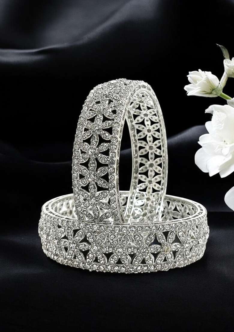 Set Of 2 Silver Plated Cubic Zircon Broad Bangle Set  - Indya