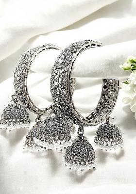 Set Of 2 Silver Plated Mirror Cz Dangler Bangle Set 