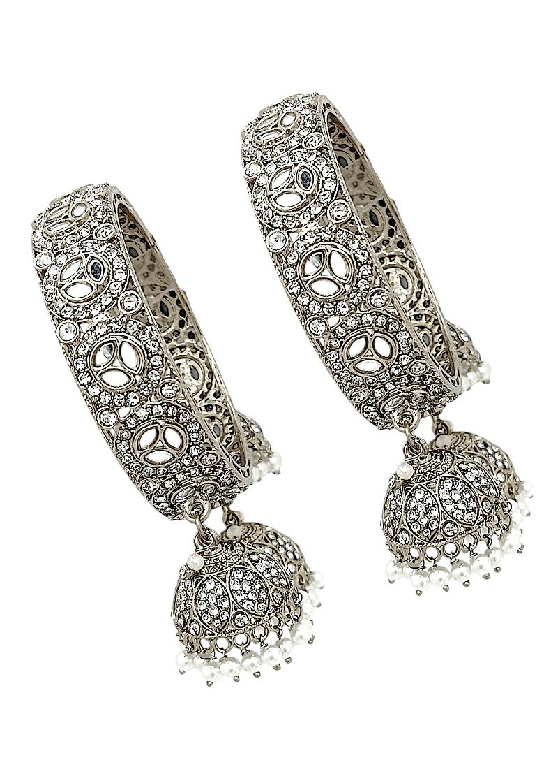 Set Of 2 Silver Plated Mirror Cz Dangler Bangle Set 