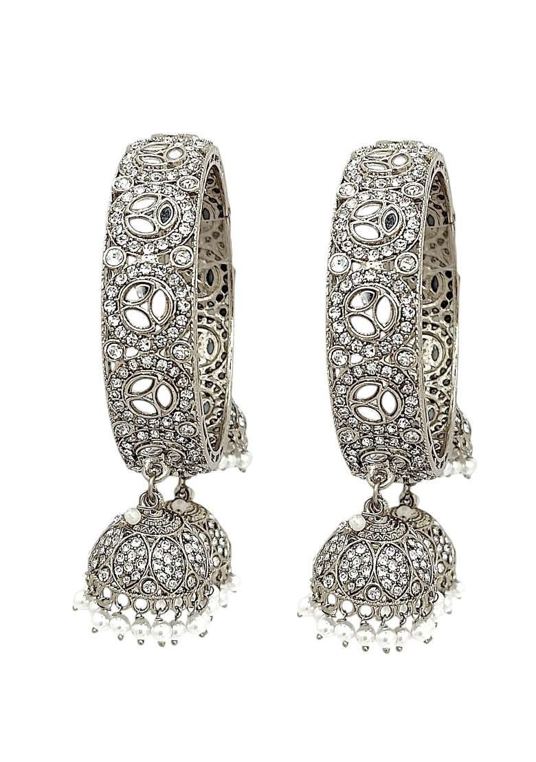 Set Of 2 Silver Plated Mirror Cz Dangler Bangle Set  - Indya