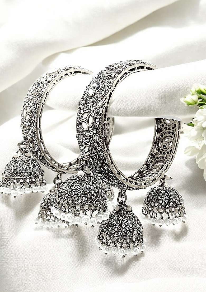 Set Of 2 Silver Plated Mirror Cz Dangler Bangle Set  - Indya