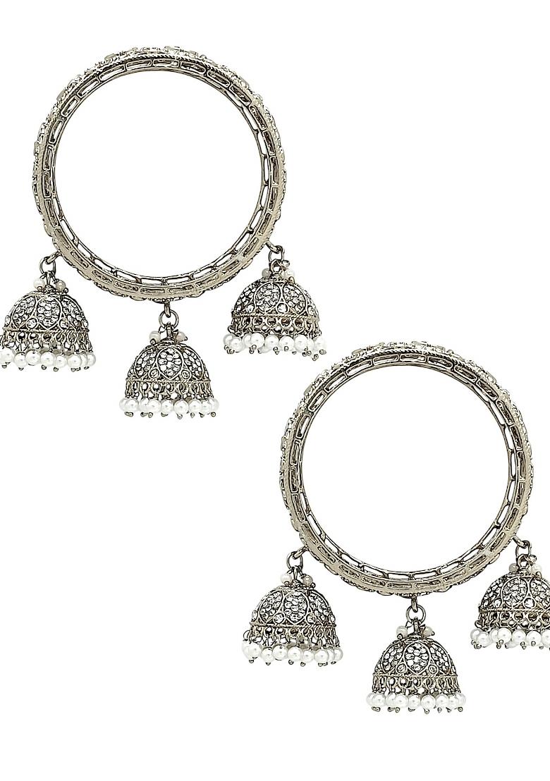 Set Of 2 Silver Plated Mirror Cz Dangler Bangle Set 