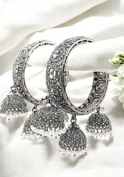 Set Of 2 Silver Plated Mirror Cz Dangler Bangle Set 