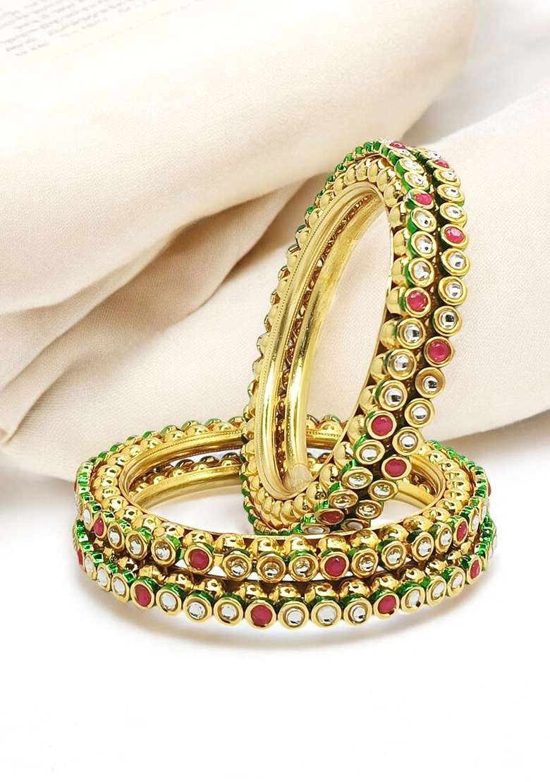 Set Of 4 Gold Plated Kundan Studded Bangle Set - Indya