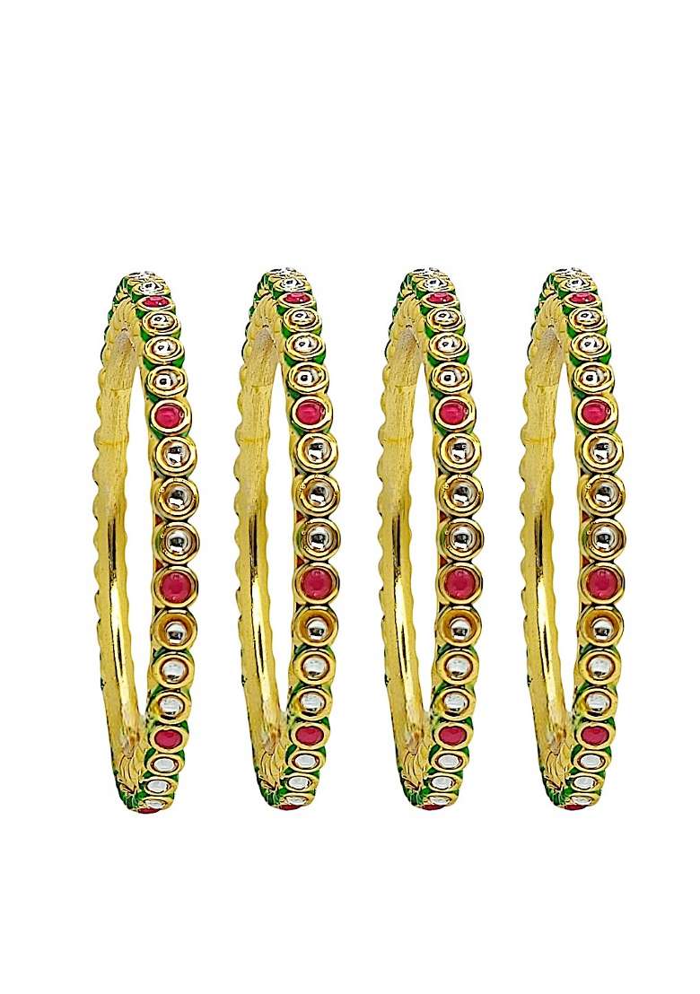 Set Of 4 Gold Plated Kundan Studded Bangle Set - Indya