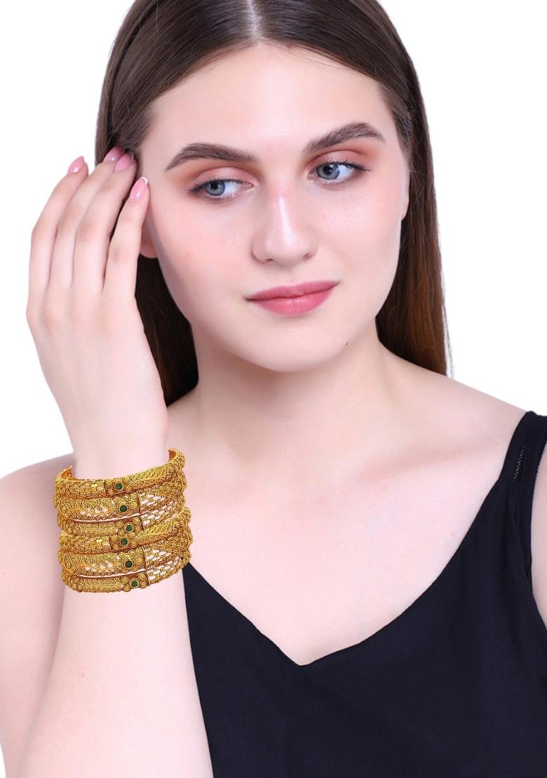 Set Of 6 Gold Plated Red Green Stone Studded Bangles Set