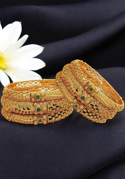 Set Of 6 Gold Plated Red Green Stone Studded Bangles Set