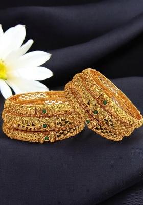 Set Of 6 Gold Plated Red Green Stone Studded Bangles Set