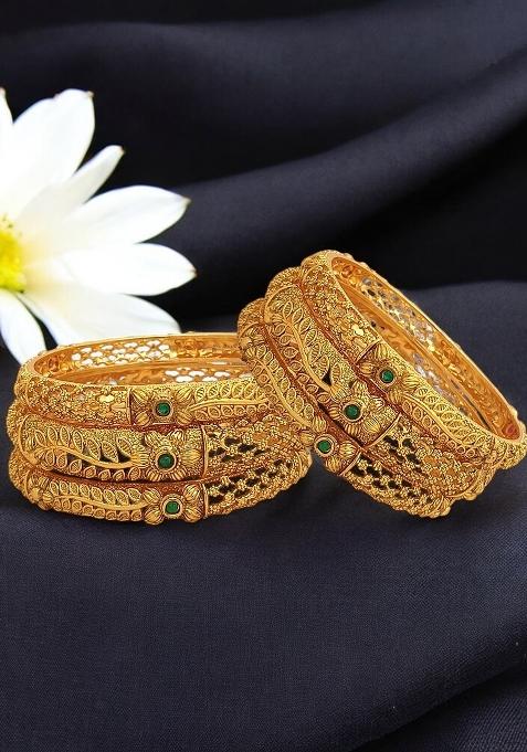 Set Of 6 Gold Plated Red Green Stone Studded Bangles Set