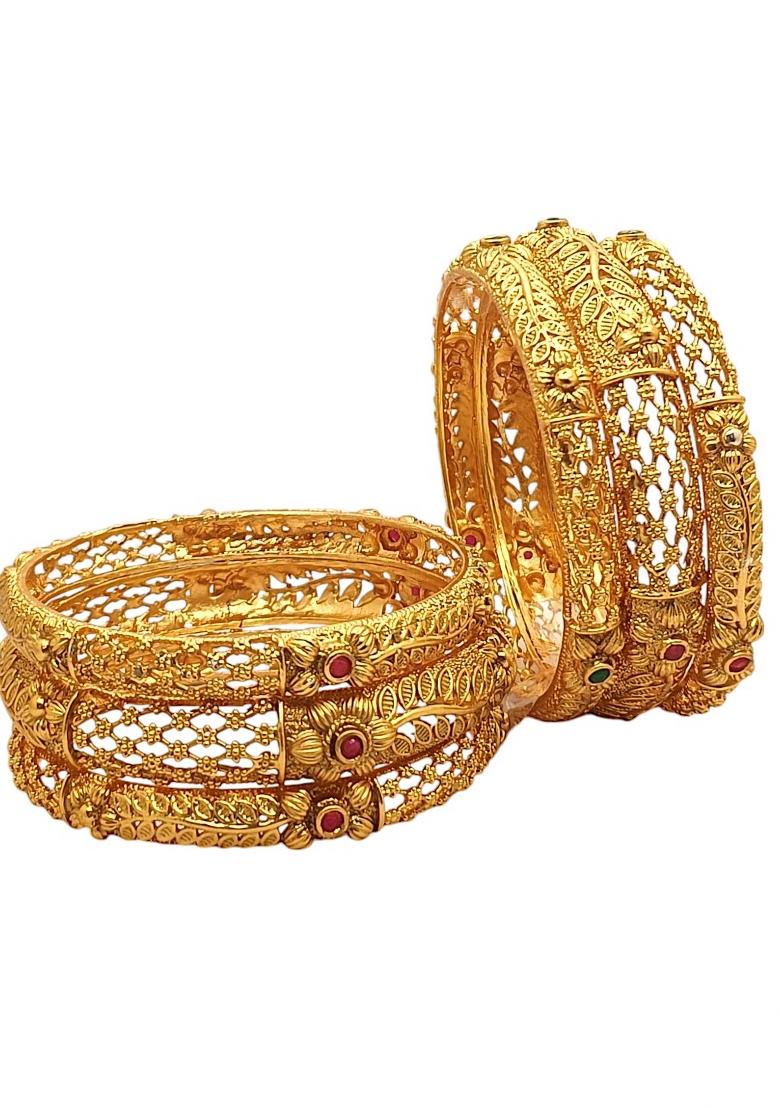 Set Of 6 Gold Plated Red Green Stone Studded Bangles Set