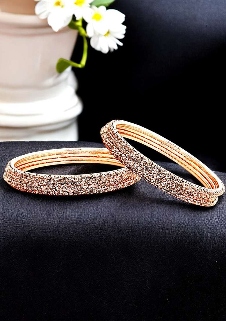 Set Of 8 Rose Gold Plated Cubic Zirconia Studded Bnagle Set - Indya