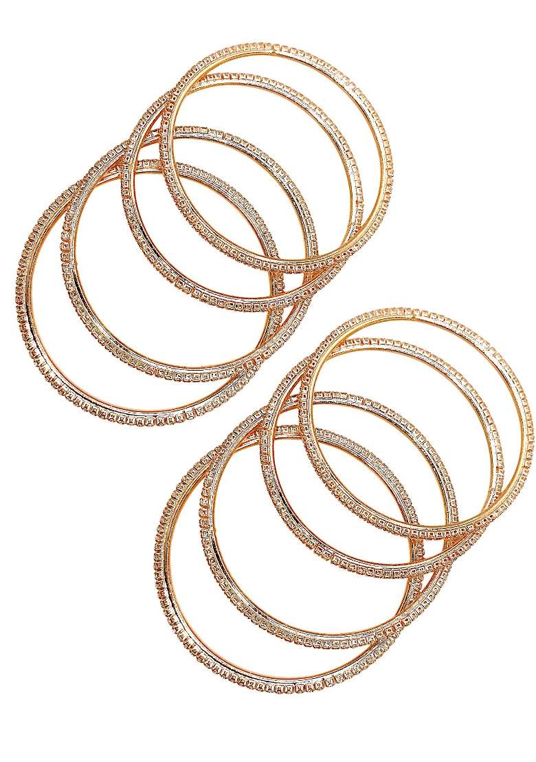 Set Of 8 Rose Gold Plated Cubic Zirconia Studded Bnagle Set - Indya