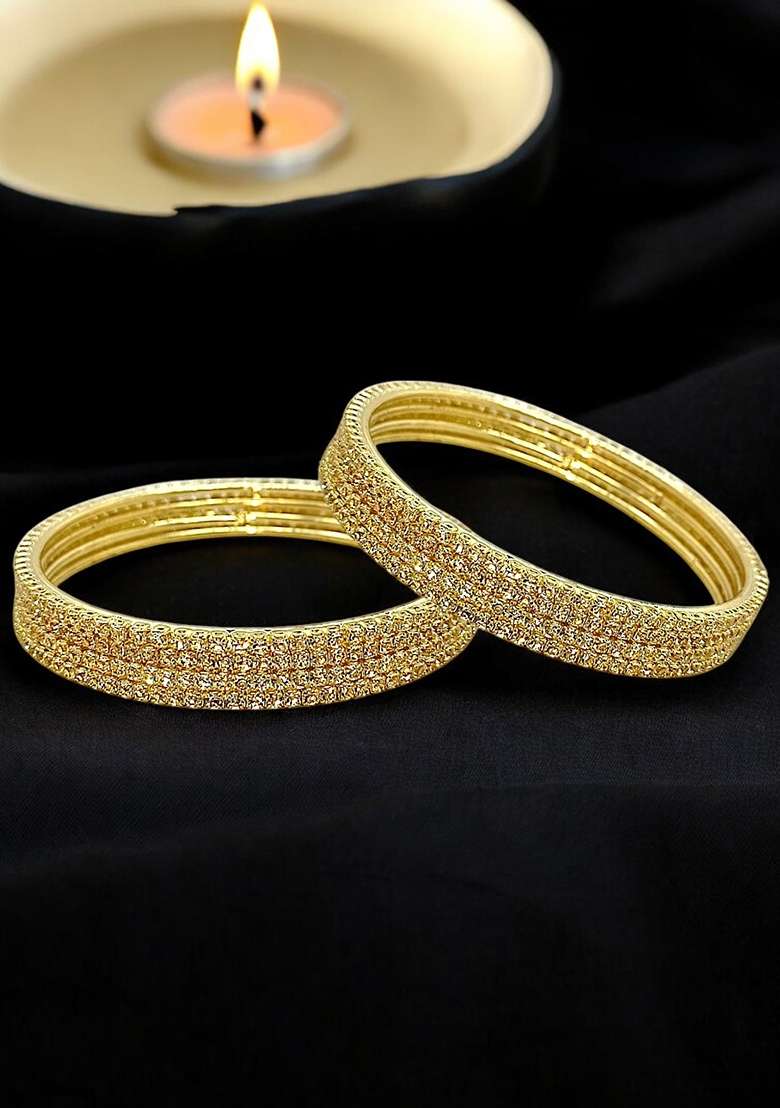 Set Of 8 Gold Plated Cubic Zirconia Studded Bnagle Set - Indya