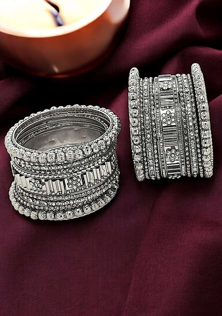 Silver Oxidised Stone Studded Handcrafted Chuda Set - Indya