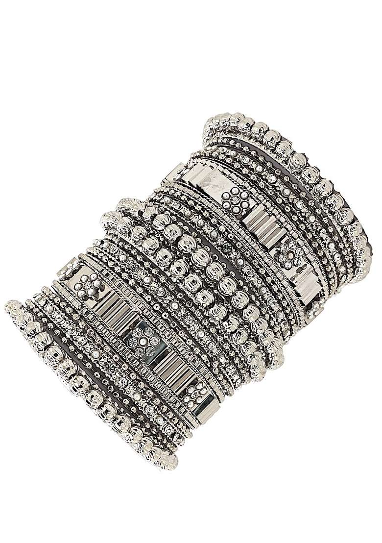 Silver Oxidised Stone Studded Handcrafted Chuda Set - Indya