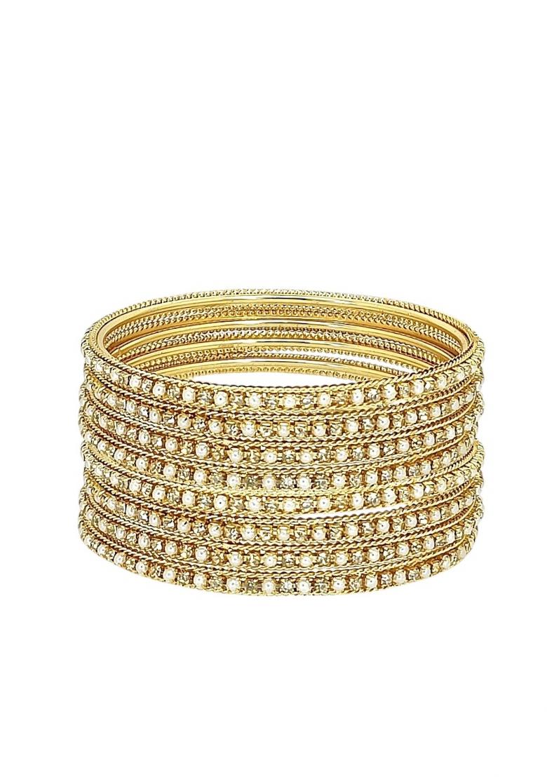 Set Of 8 Gold Plated Cz Beads Studded Bangle Set