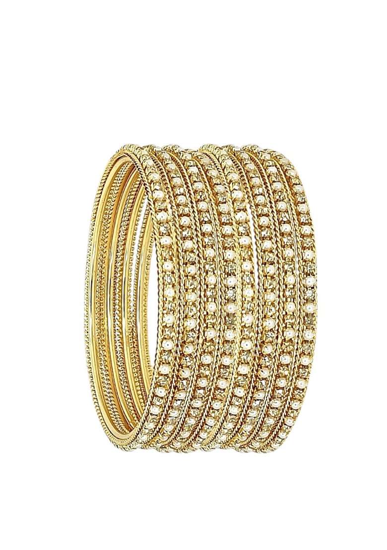 Set Of 8 Gold Plated Cz Beads Studded Bangle Set - Indya