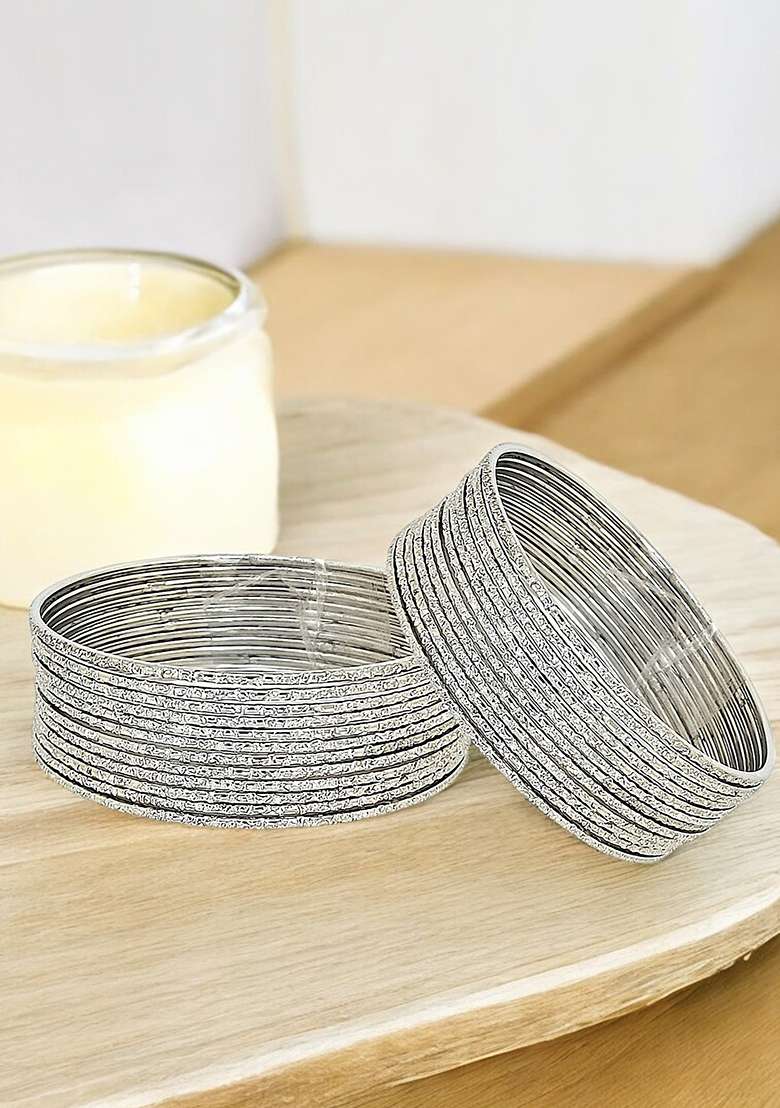 Set Of 24 Silver Plated Minimalist Textured Metal Bangle Set - Indya