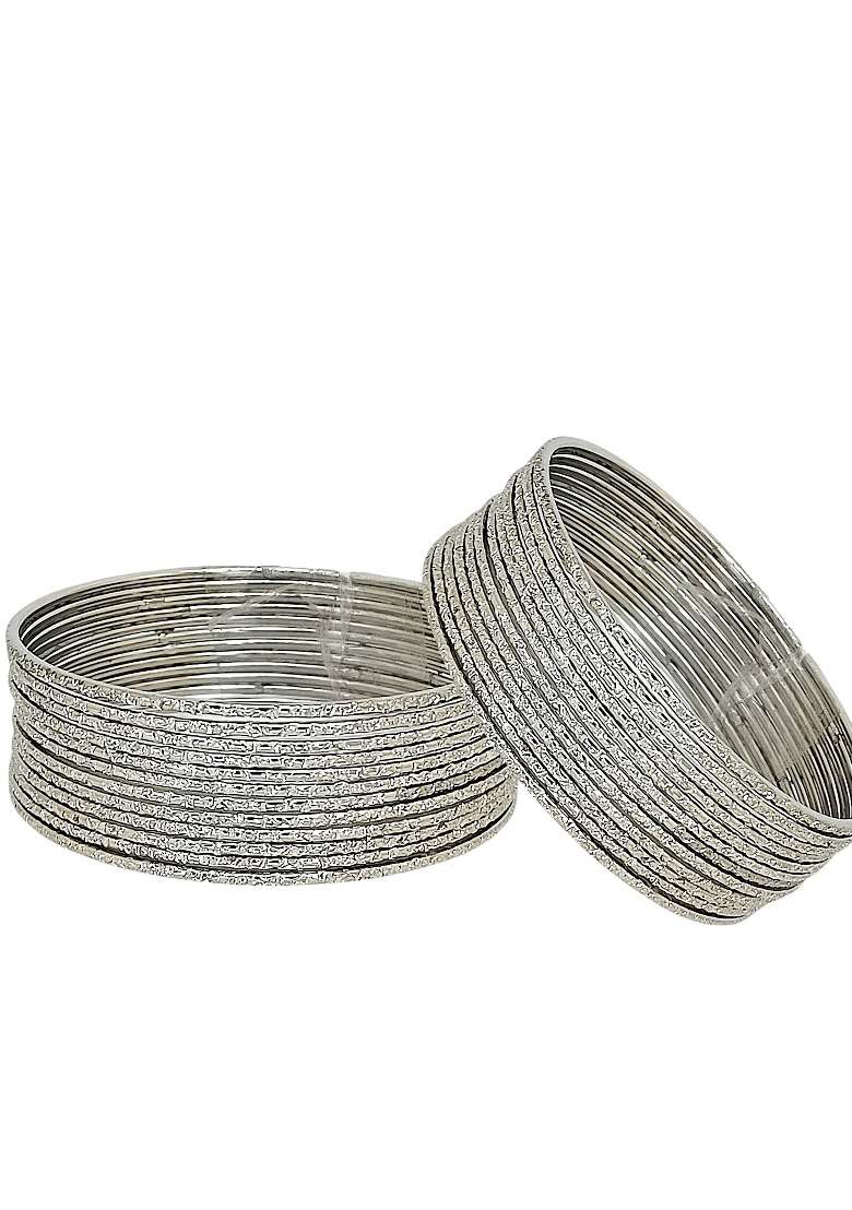Set Of 24 Silver Plated Minimalist Textured Metal Bangle Set - Indya