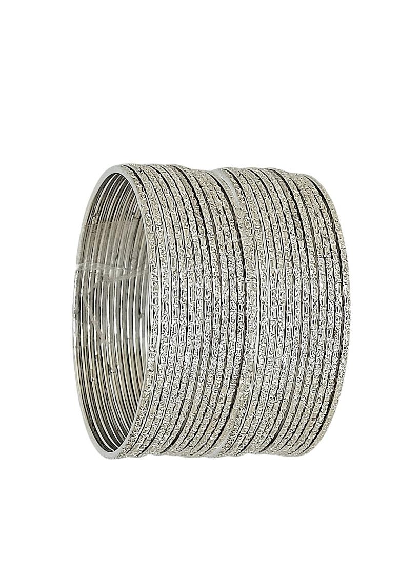 Set Of 24 Silver Plated Minimalist Textured Metal Bangle Set