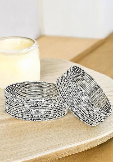 Set Of 24 Silver Plated Minimalist Textured Metal Bangle Set