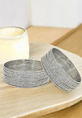 Set Of 24 Silver Plated Minimalist Textured Metal Bangle Set