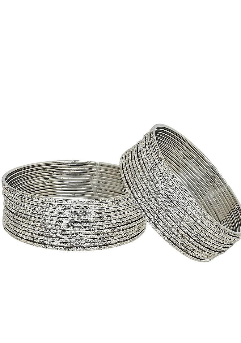 Set Of 24 Silver Plated Minimalist Textured Metal Bangle Set