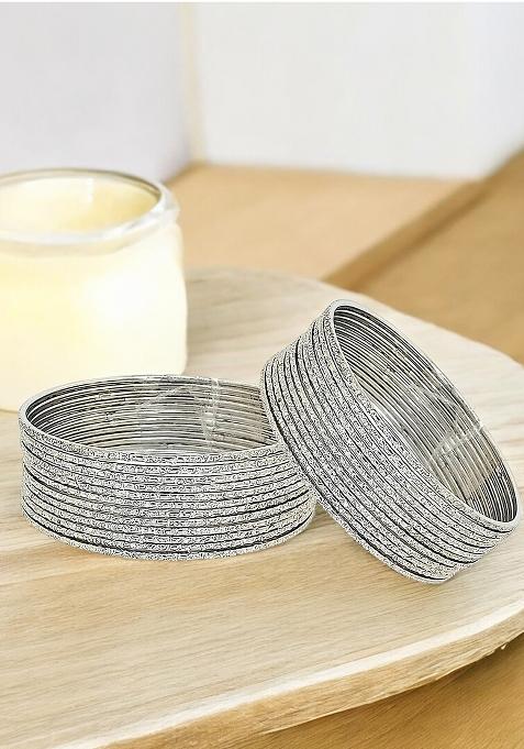 Set Of 24 Silver Plated Minimalist Textured Metal Bangle Set