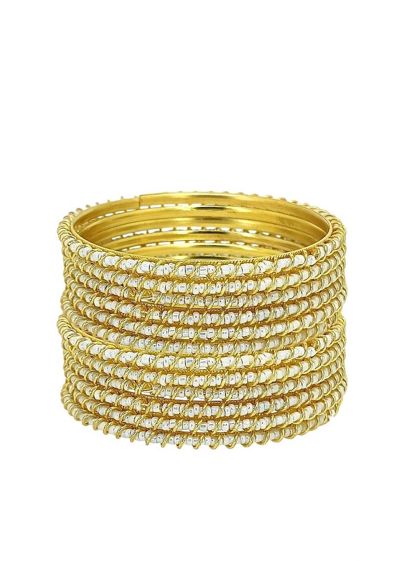 Set Of 12 Gold Plated Beads Studded Metal Bangle Set