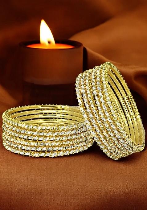Set Of 12 Gold Plated Beads Studded Metal Bangle Set