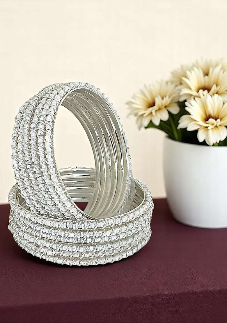 Set Of 12 Silver Plated Beads Studded Metal Bangle Set - Indya