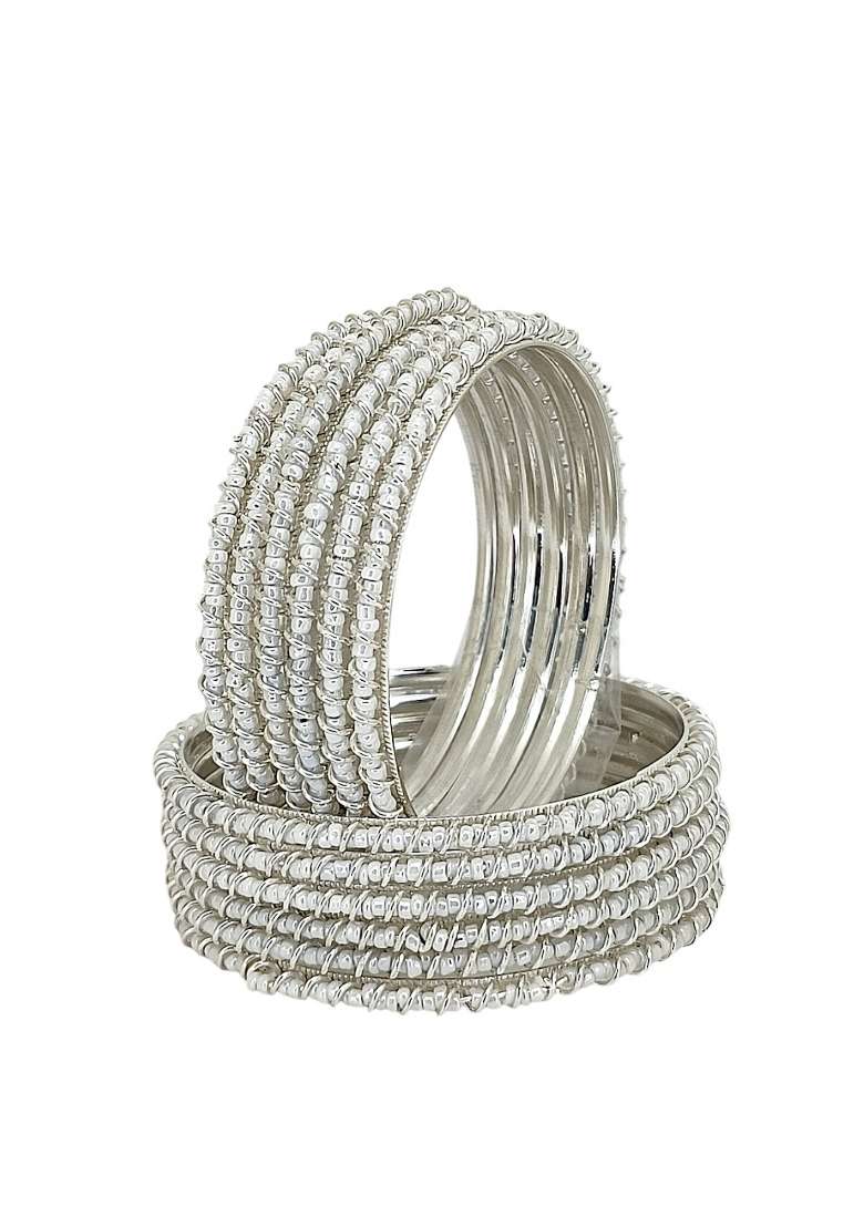 Set Of 12 Silver Plated Beads Studded Metal Bangle Set - Indya
