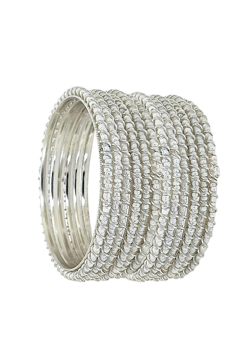 Set Of 12 Silver Plated Beads Studded Metal Bangle Set