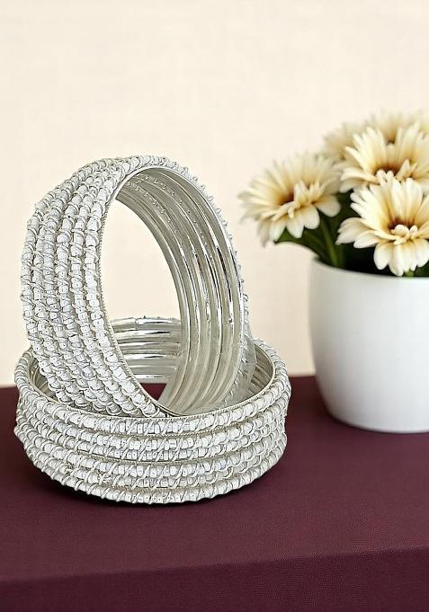 Set Of 12 Silver Plated Beads Studded Metal Bangle Set