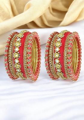 Set Of 10 Gold Plated Rose Pink Velvet Silk Thread Chuda Set