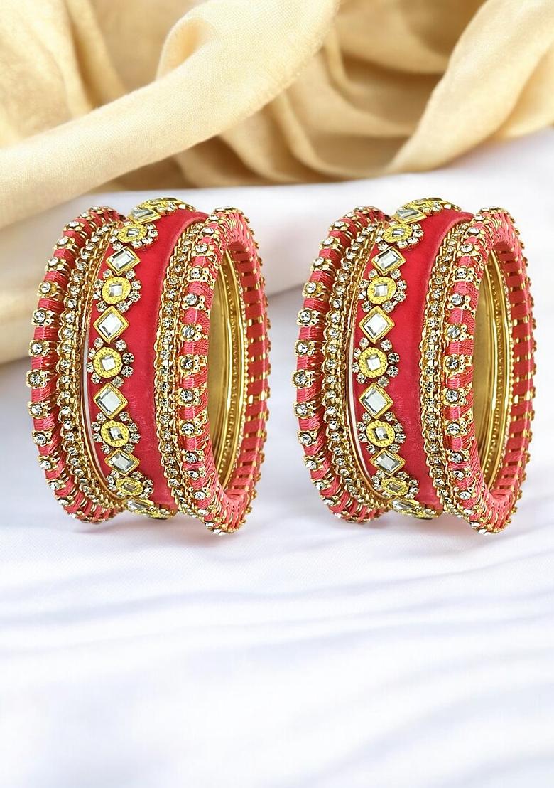 Set Of 10 Gold Plated Rose Pink Velvet Silk Thread Chuda Set