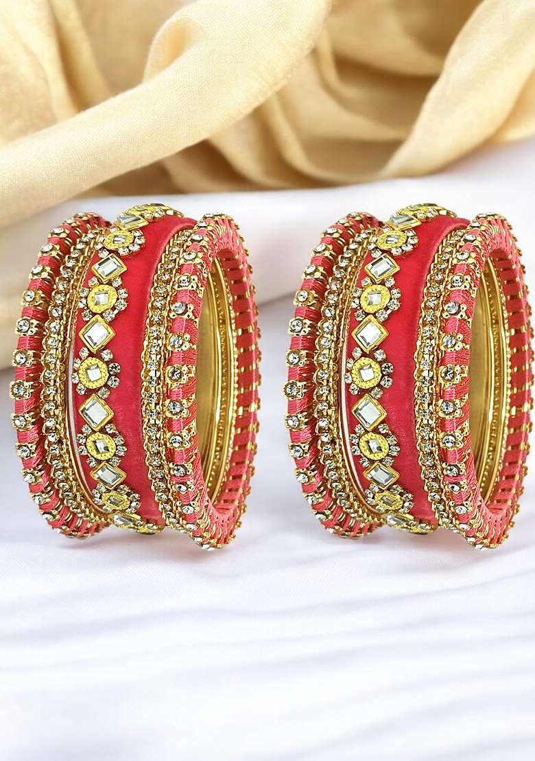 Set Of 10 Gold Plated Rose Pink Velvet Silk Thread Chuda Set - Indya