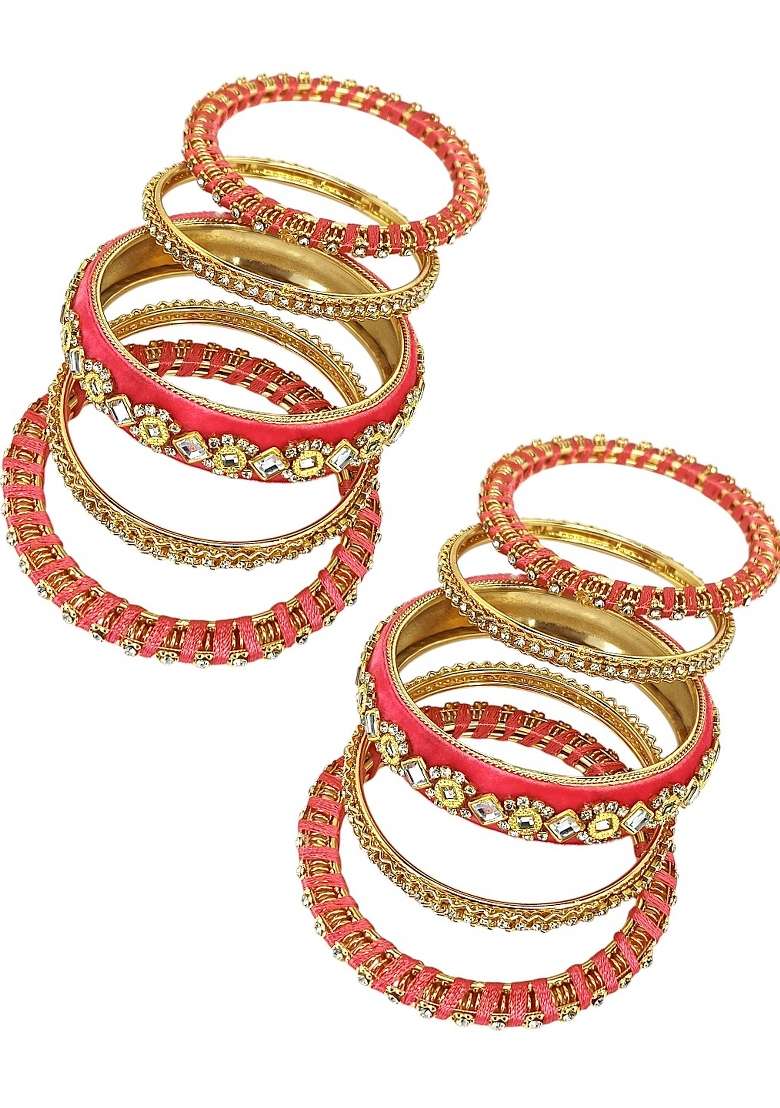 Set Of 10 Gold Plated Rose Pink Velvet Silk Thread Chuda Set - Indya
