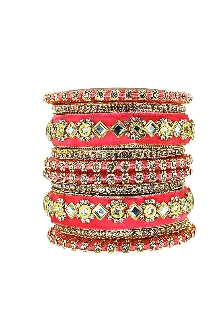 Set Of 10 Gold Plated Rose Pink Velvet Silk Thread Chuda Set