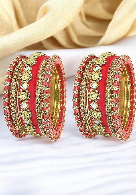 Set Of 10 Gold Plated Rose Pink Velvet Silk Thread Chuda Set