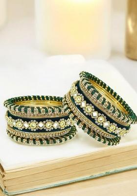 Set Of 10 Gold Plated Green Velvet Silk Thread Chuda Set